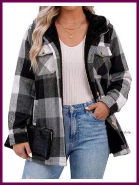 Womens Plus Size Plaid Shacket Fleece Hooded Button Down Warm Coat